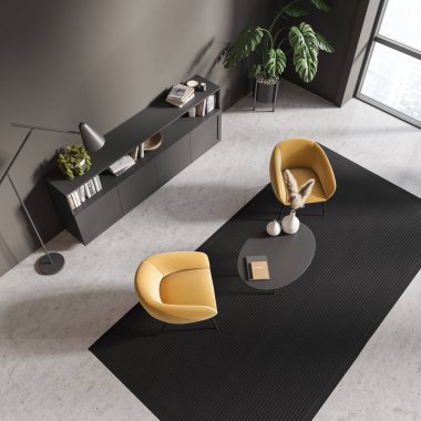 Kahve masası, koltuklar, panoramik pencere, kitaplar, gri duvar, dolap, beton zemin. Minimalist tasarım kavramı. Buluşma yeri. 3d oluşturma