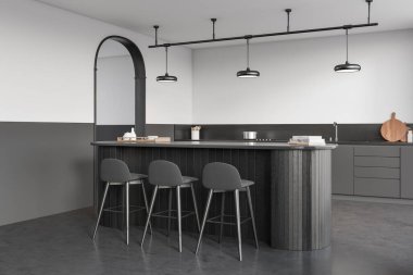 Koyu renk mutfak odasının iç tarafı beyaz, gri duvar, beton zemin, üç bar taburesi, kemer, lavabo, gaz ocağı olan bir ada. Minimalist tasarım kavramı. 3d oluşturma