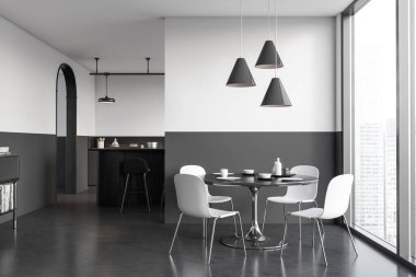 Karanlık mutfak odasının önü yemek masası, sandalye, panoramik pencere, beyaz duvar, beton zemin, bar taburesi, kemer, gaz ocağı olan bir ada. Minimalist tasarım kavramı. 3d oluşturma