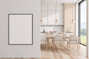 Yemek masası ve sandalyelerle bej mutfak, mutfak gereçleri ve kırsal alanda panoramik pencere. Boş bir poster hazırla. 3B görüntüleme