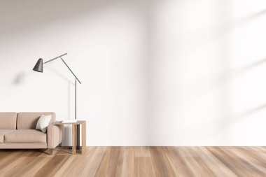 Beyaz oturma odasının içi kanepe, kahve masası, kitaplar, ahşap döşemeler. Taklit alanı boş beyaz duvarla rahatlatıcı alan. 3B görüntüleme