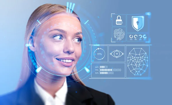 Beautiful smiling woman and digital biometric scanning and data analysis. Face detection and detailed information. Concept of face id and artificial intelligence