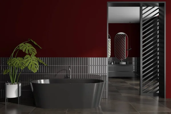 Dark red bathroom interior with bathtub and double sink with mirror on background, brown tile concrete floor. Mockup empty wall. 3D rendering