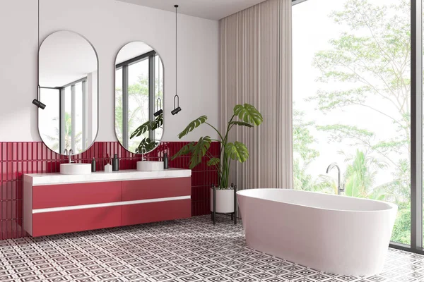 Witte Rode Badkamer Interieur Met Ligbad Dubbele Wastafel Met Dressoir — Stockfoto