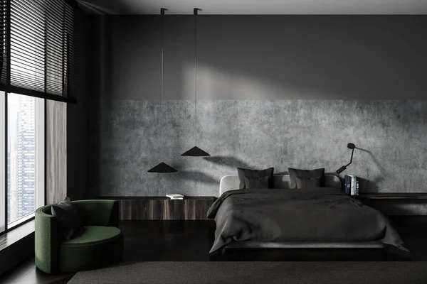 Modern Grey Bedroom Interior Bed Armchair Panoramic Window Skyscrapers Carpet — Stock Photo, Image