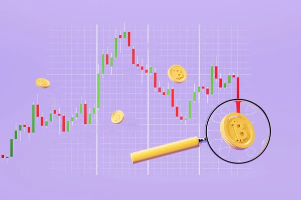 Finanzgrafik Devisenleuchter Mit Fallenden Bitcoins Vergrößerungsglas Auf Lila Hintergrund Konzept — Stockfoto