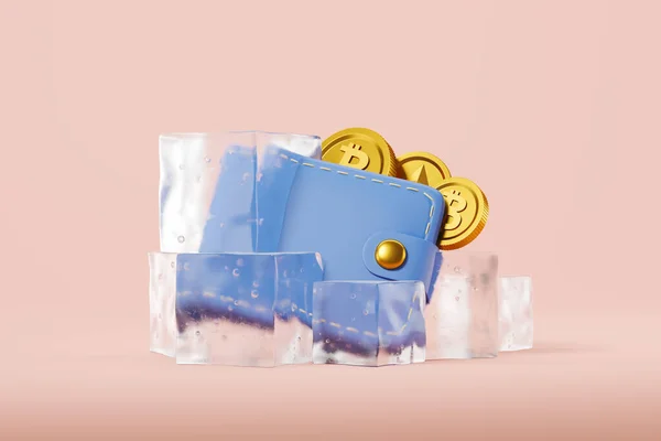 ピンクの背景に氷のキューブのハードウェア財布と暗号通貨コイン 暗号冬とお金の凍結の概念 3Dレンダリング — ストック写真