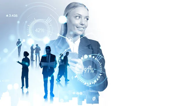 Smiling Businesswoman Phone Business People Silhouettes Working Together Digital Big — Foto Stock