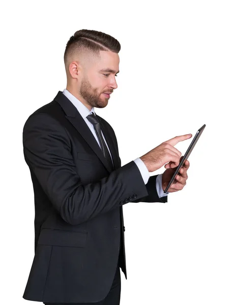 Smiling Businessman Profile Finger Touch Tablet Online Communication Social Media — Foto de Stock