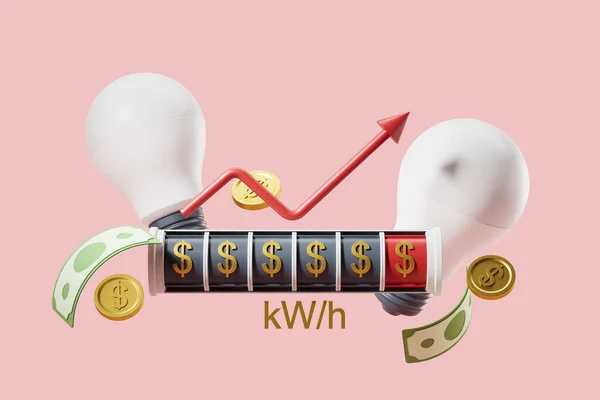 Electricity Meter Rising Red Line Big Lightbulbs Falling Money Pink — Stock Photo, Image