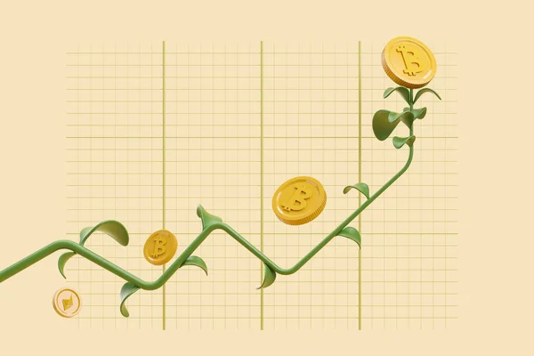 3つの枝とグラフ ベージュの背景のビットコイン 事業投資と成長の概念 3Dレンダリング — ストック写真
