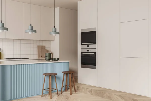 Uitzicht Hoek Lichte Keuken Interieur Met Kast Witte Muur Eiken — Stockfoto