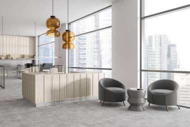 Parlak ofis odasının iç tarafında iki koltuk, Singapur manzaralı panoramik pencere, sehpa, masaüstleriyle ortak çalışma alanı, beton zemin. Şirket kavramı, kesin. 3d oluşturma