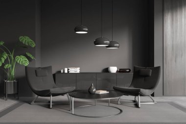 Kahve masası, koltuklar, çanak çömlek, kitaplar, gri duvar, dolap, beton zemin. Minimalist tasarım kavramı. Buluşma yeri, konuşma. 3d oluşturma