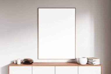 Beyaz oturma odası. Çekmece, minimalist sanat dekorasyonu, kitaplar ve mumlarla dolu. Tablo posterli bir galeri odası. 3B görüntüleme