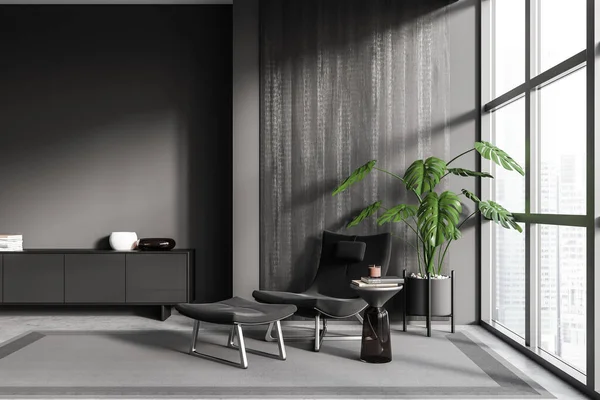 Dark living room interior with armchair and bench, carpet on grey concrete floor. Sideboard with decoration, panoramic window on skyscrapers. Mockup empty wall. 3D rendering
