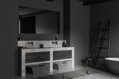 Koyu banyonun iç tarafının köşesinde küvet, büyük ayna, çift lavabo, gri duvarlar, tabure, havlu, beton zemin. Su ve spa tedavisi kavramı. 3d oluşturma