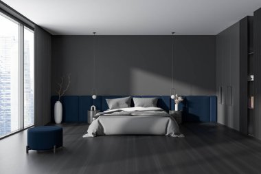 Karanlık yatak odası iç yatağı ve süslemeli raf, siyah ahşap zeminde puf sandalye. Gökdelenlerde panoramik pencereli uyku alanı. 3B görüntüleme