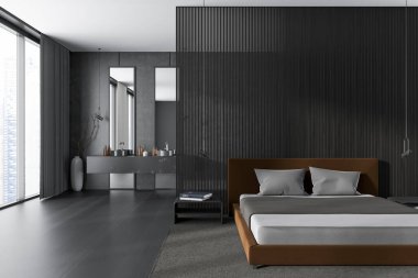 Karanlık yatak odasının içinde yatak odası ve arka planda çift lavabo, siyah ahşap zeminde halı. Gökdelenlerin panoramik penceresi. Uzay ahşap bölmeyi kopyala. 3B görüntüleme