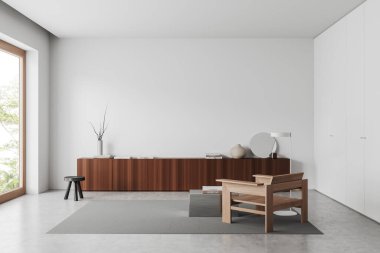 Beyaz oturma odası koltuğu, şifoniyeri ve sanat dekorasyonu olan, tropiklerde panoramik pencereli. Boşluk beyaz duvarını kopyala, 3B görüntüleme