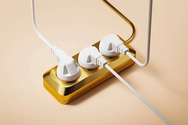 stock image Golden electrical extension with three sockets and plugs in it on beige background. Concept of electricity price rise. 3D rendering