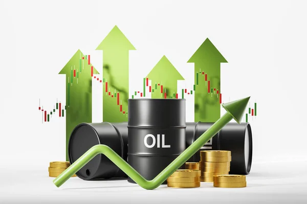 Oil Barrels Gold Coins Green Rising Line Stock Market Dynamics — Stock Photo, Image