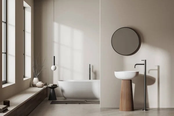 米色浴室内部与水槽和浴缸灰色混凝土地板 现代化的浴场 分割和全景窗户 3D渲染 — 图库照片