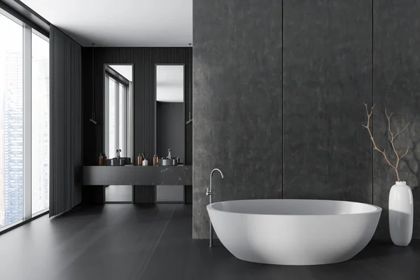 Dark Bathroom Interior Bathtub Accessories Double Sink Mirror Background Black —  Fotos de Stock