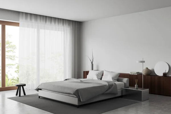 Cozy Bedroom Interior Bed Carpet Side View Grey Concrete Floor — Stock Photo, Image