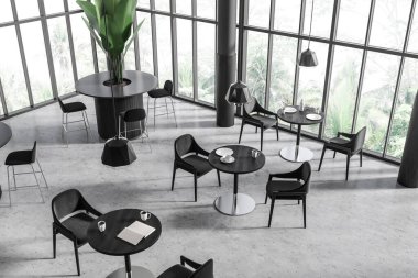 Koyu kafe içinin manzarası panoramik pencereli kırsal manzaralı masalar koltuklu masalar, bar tezgahlı bar taburesi, bitki, beton zemin. Geniş restoran kavramı. 3d oluşturma