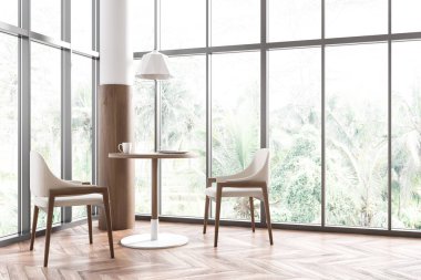 Parlak kafenin içi manzaralı, panoramik pencereli kırsal manzaralı, koltuklu masa, meşe ağacından ahşap zemin. Geniş restoran kavramı. Yaratıcı fikir için yer var. 3d oluşturma