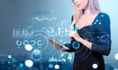 Businesswoman finger touching tablet, double exposure with forex analysis hud, stock market candlesticks with lines and graphs. Concept of online trading