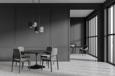 Loş yemek odasının önü masa, koltuklar, panoramik pencere kemer, kitaplar, gri duvar, beton zemin. Minimalist tasarım kavramı. Buluşma yeri. 3d oluşturma