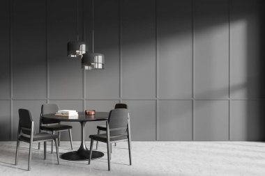 İçi yuvarlak masa ve gri beton zemin, lamba ve kitaplarla dolu karanlık toplantı odası. Uzay kalıbı duvarını kopyala. 3B görüntüleme