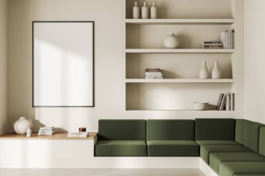 Parlak oturma odasının önü boş beyaz poster, kanepe, kitaplarla dolu raflar ve çanak çömlek, beyaz duvar, beton zemin. Minimalist tasarım. Buluşma yeri. Model yap. 3d oluşturma