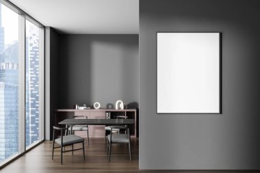 Oturma odasının içinde yemek masası ve sandalyeler, parke zemindeki çekmece. Gökdelenlerin panoramik penceresi. Bölümde bir tuval posteri var. 3B görüntüleme