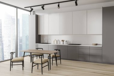 Beyaz mutfak, sandalyeler ve ahşap zeminde yemek masası. Gökdelenlerde panoramik pencereli yemek ve yemek köşeleri. 3B görüntüleme