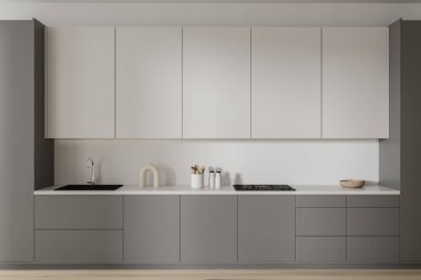 Parlak mutfak odasının önü. Dolap, beyaz duvar, meşe ağacı ahşap zemin, gaz ocağı, lavabo, yemek stoku, tabaklar. Minimalist tasarım kavramı. 3d oluşturma