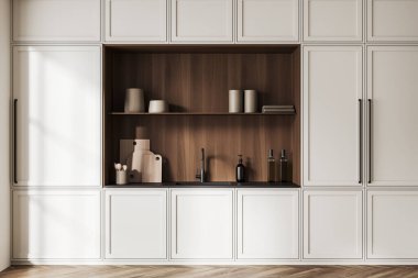 Bej mutfak içi lavabo ve mutfak gereçleri, küf tasarımlı dolap rafları. Ahşap zemini olan yemek pişirme alanı. 3B görüntüleme