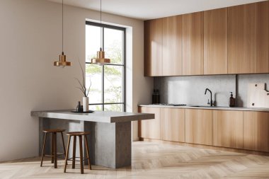 Ada, panoramik pencere, bar taburesi, dolap, beyaz duvar, ahşap döşeme, gaz ocağı, lavabo, yemek masaları. Minimalist tasarım kavramı. 3d oluşturma