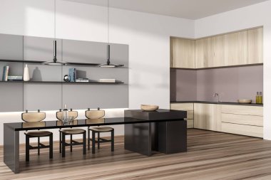 Lüks mutfak, yemek masası, sandalyeler, yan görüş. Mutfak gereçleri, şık dekorasyonlar ve ahşap döşemelerde modern mobilyalar. 3B görüntüleme