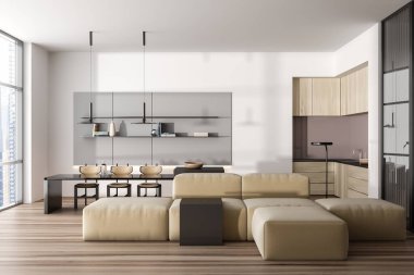 Parlak stüdyo odasının önü kanepe, yemek masası, koltuklar, panoramik pencere, dolap, beyaz duvar, meşe ahşap zemin, tabak dolu raf. Minimalist tasarım kavramı. 3d oluşturma