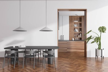 Yemek masası, koltuklar, kemer, çanak çömlek ve kitaplarla dolu parlak yemek odasının önü. Rafta, adada, beyaz duvarda, meşe ağacından ahşap zeminde. Minimalist tasarım kavramı. 3d oluşturma