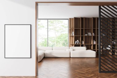 Beyaz oturma odasının içi kanepe ve dekorasyonlu raf, ahşap zemin. Yumuşak bir yer ve tropik bölgelerde panoramik pencere. Bölümde bir tuval posteri var. 3B görüntüleme