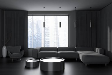 Oturma odasının içi kanepe ve koltuk, kahve masası ve siyah ahşap zemin. Gökdelenlerde panoramik pencereli toplantı alanı. 3B görüntüleme