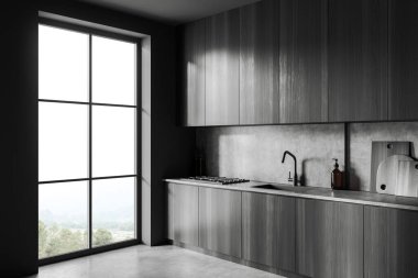Karanlık mutfak odasının iç tarafında panoramik pencere, dolap, gri duvar, beton zemin, gaz ocağı, lavabo, yemek envanteri, masalar. Minimalist tasarım kavramı. 3d oluşturma