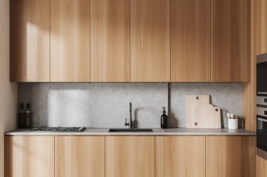 Ahşap mutfak içinde lavabo ve soba, bulaşıkları ve ahşap rafları olan minimalist mutfak eşyaları. Gizli tasarımı olan rahat bir yemek köşesi. 3B görüntüleme