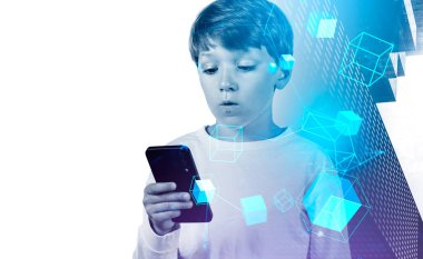Boy wearing casual wear holding smartphone and watching at metaverse reality with blockchain system. White background with skyscraper. Concept of modern technology and progressive currency in business clipart