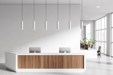 Beyaz resepsiyonlu iç mekan, hafif beton zeminde bilgisayar ve koltuklar var. Gökdelenlerin panoramik penceresiyle birlikte çalışma alanı. 3B görüntüleme