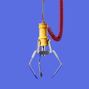 Mavi arka planda robotik mekanik kol. Otomasyon kavramı. 3B görüntüleme